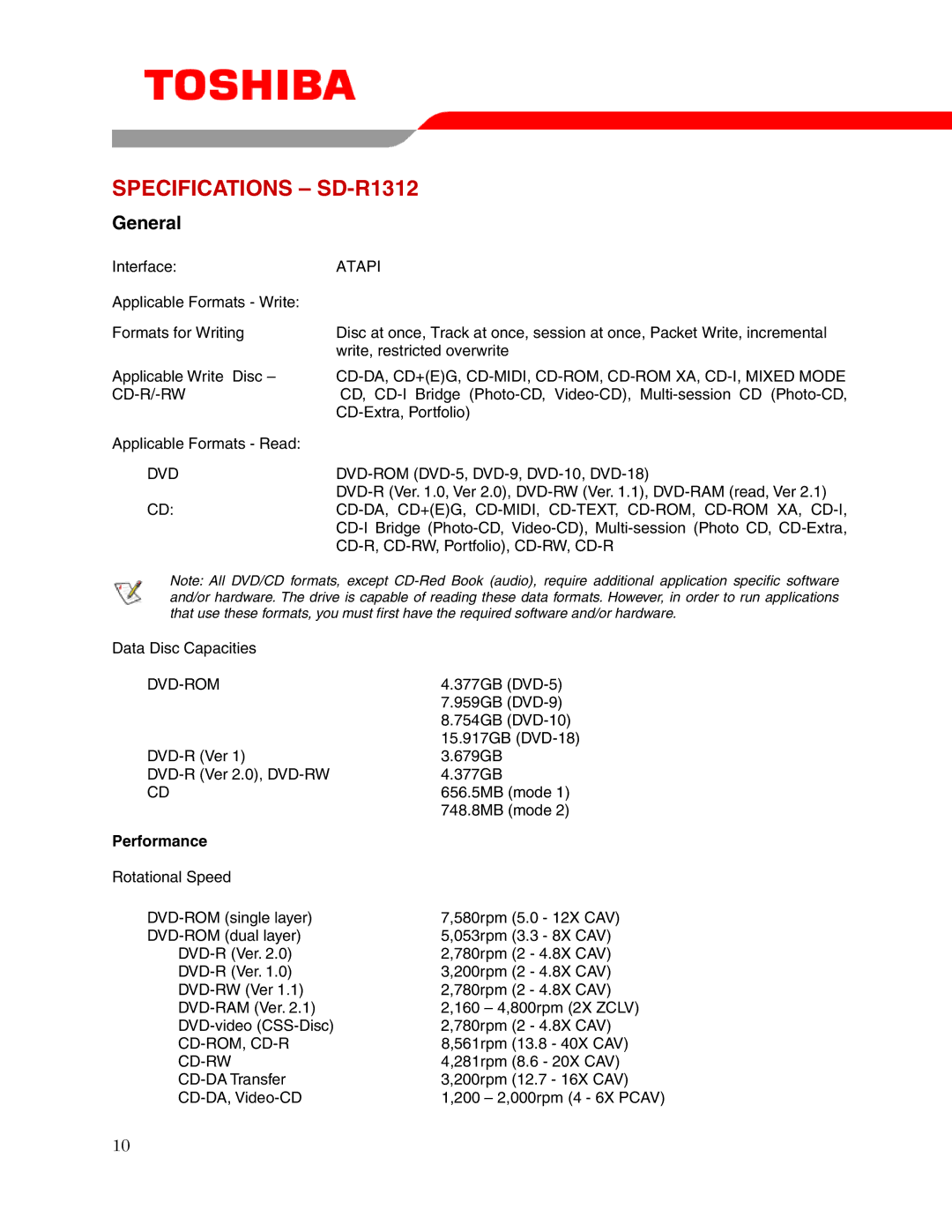 Toshiba user manual Specifications SD-R1312, Performance 