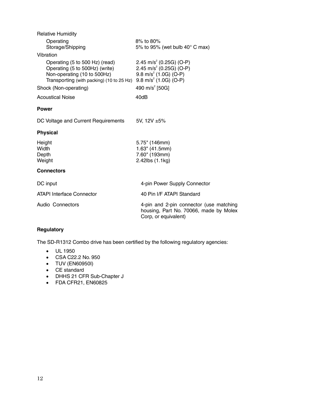 Toshiba SD-R1312 user manual Power, Physical, Connectors, Regulatory 