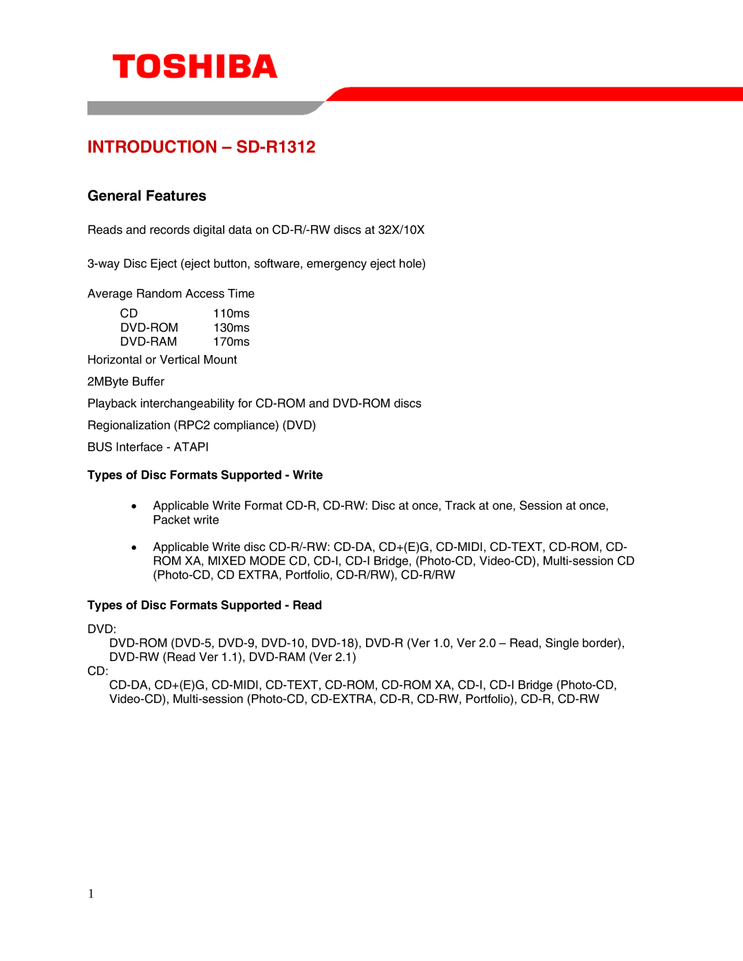 Toshiba user manual Introduction SD-R1312, Types of Disc Formats Supported Write, Types of Disc Formats Supported Read 