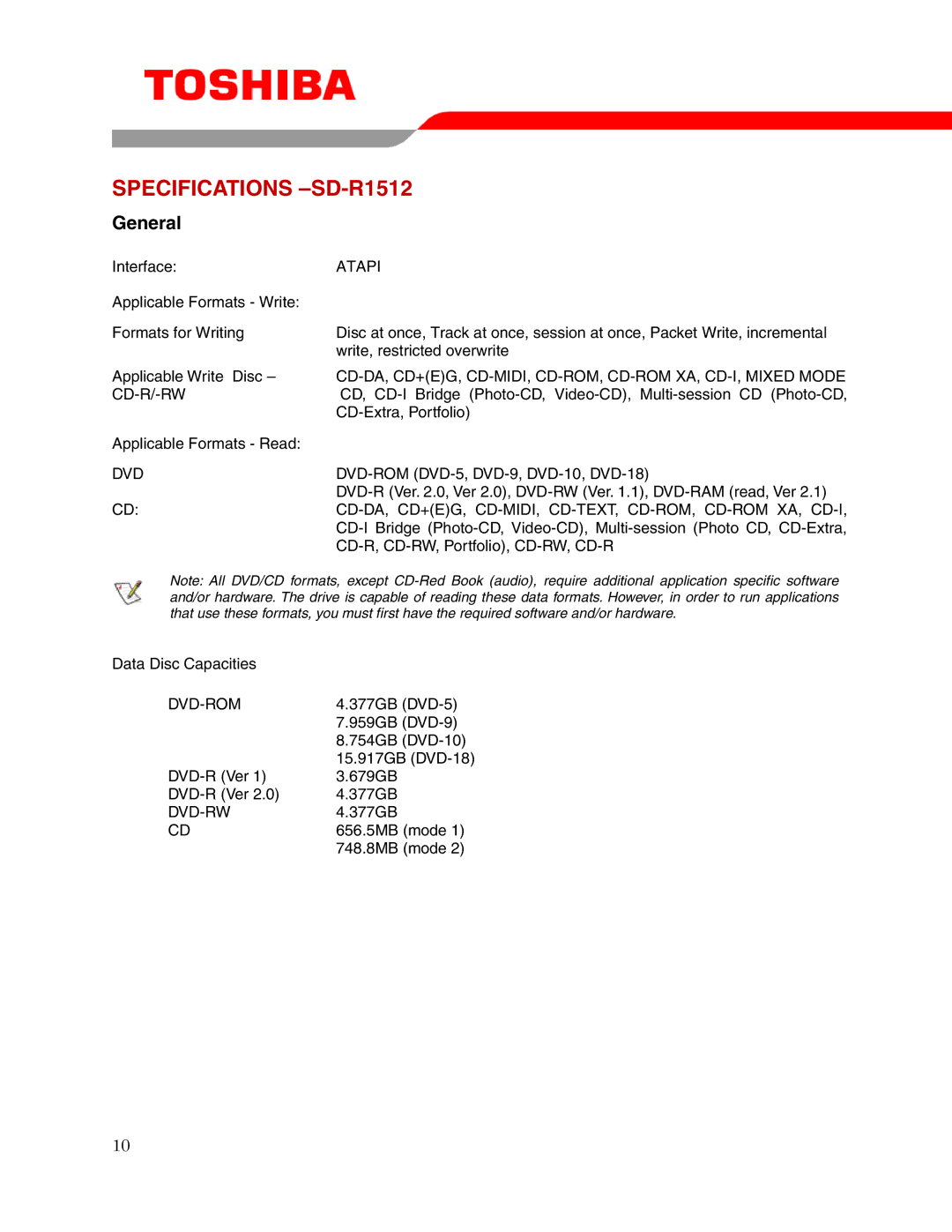 Toshiba user manual Specifications -SD-R1512, General 