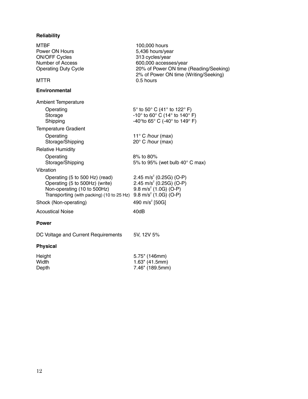 Toshiba SD-R1512 user manual Reliability, Environmental, Power, Physical 