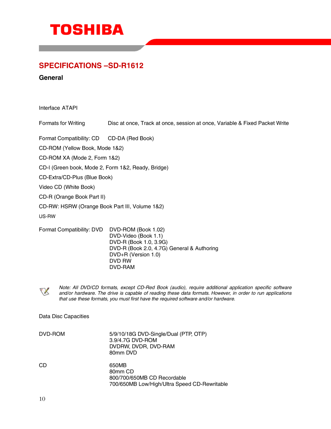 Toshiba user manual Specifications -SD-R1612, General 