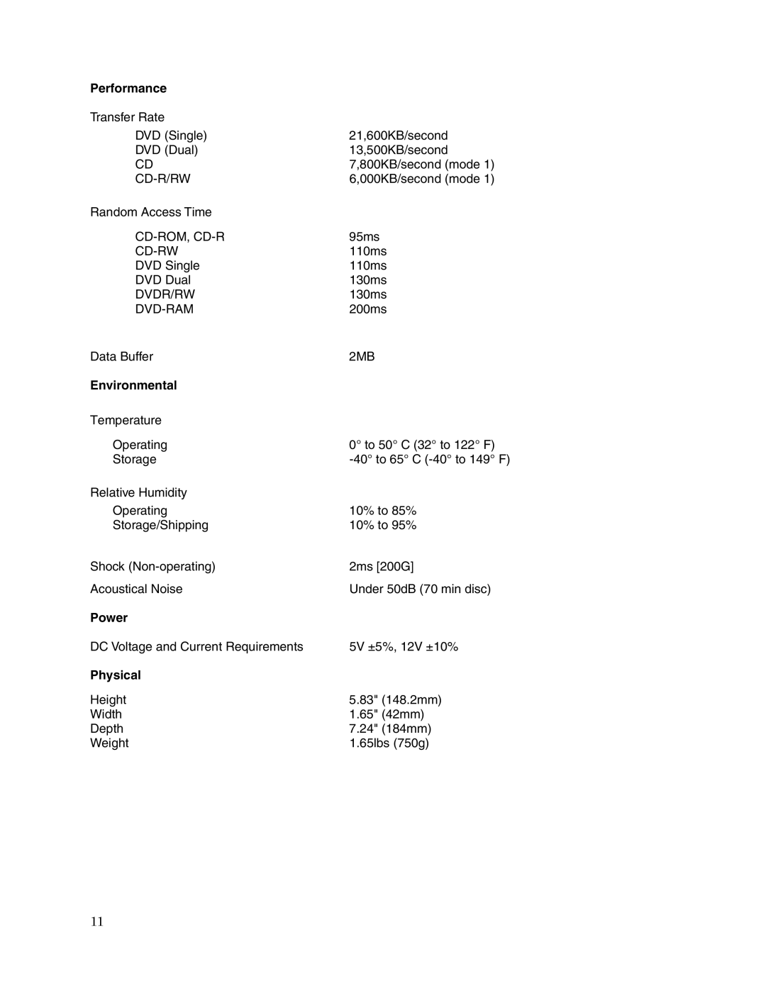 Toshiba SD-R1612 user manual Performance, Environmental, Power, Physical 