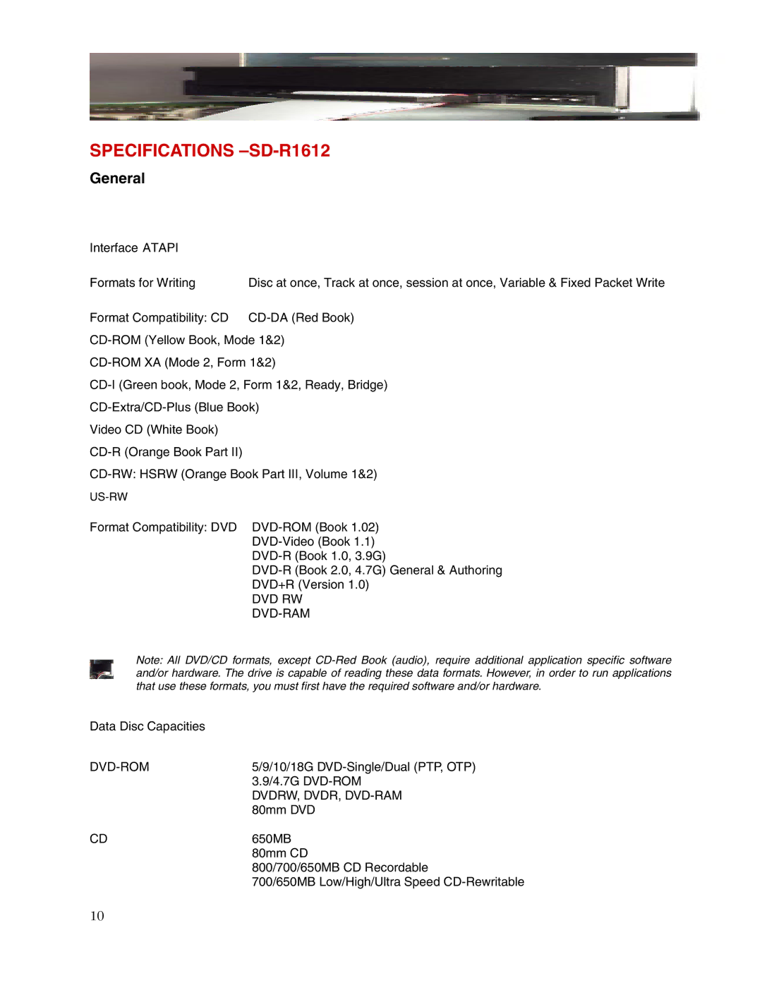 Toshiba user manual Specifications -SD-R1612, General 