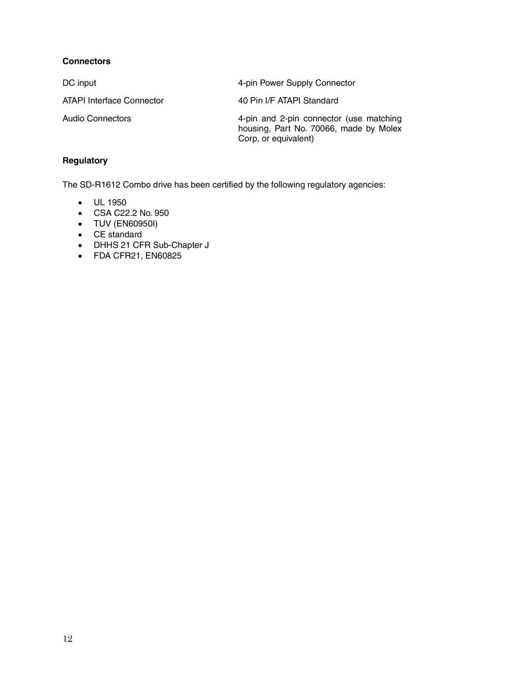 Toshiba SD-R1612 user manual Connectors, Regulatory 