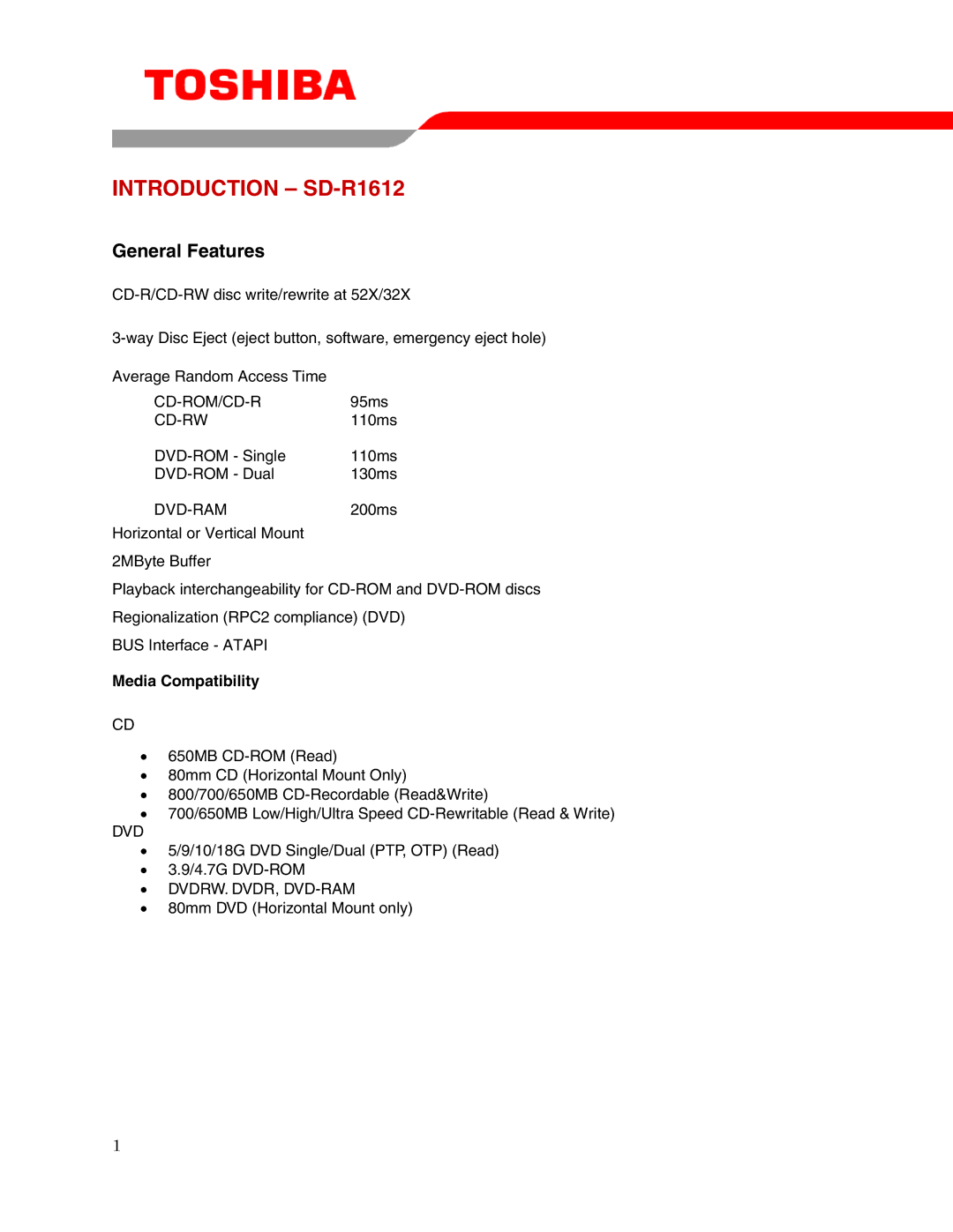 Toshiba user manual Introduction SD-R1612, Media Compatibility 