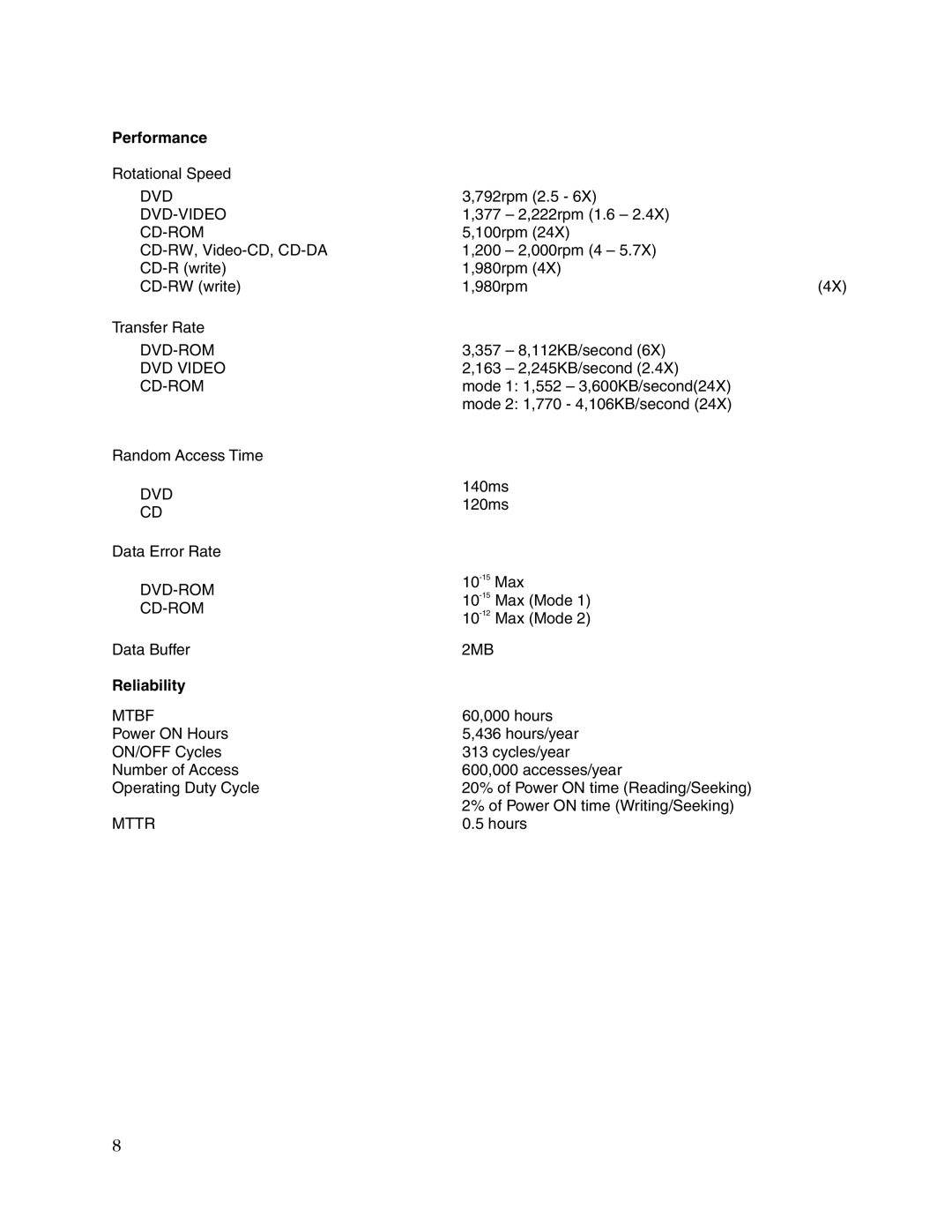 Toshiba SD-R2002 user manual Performance, Reliability 