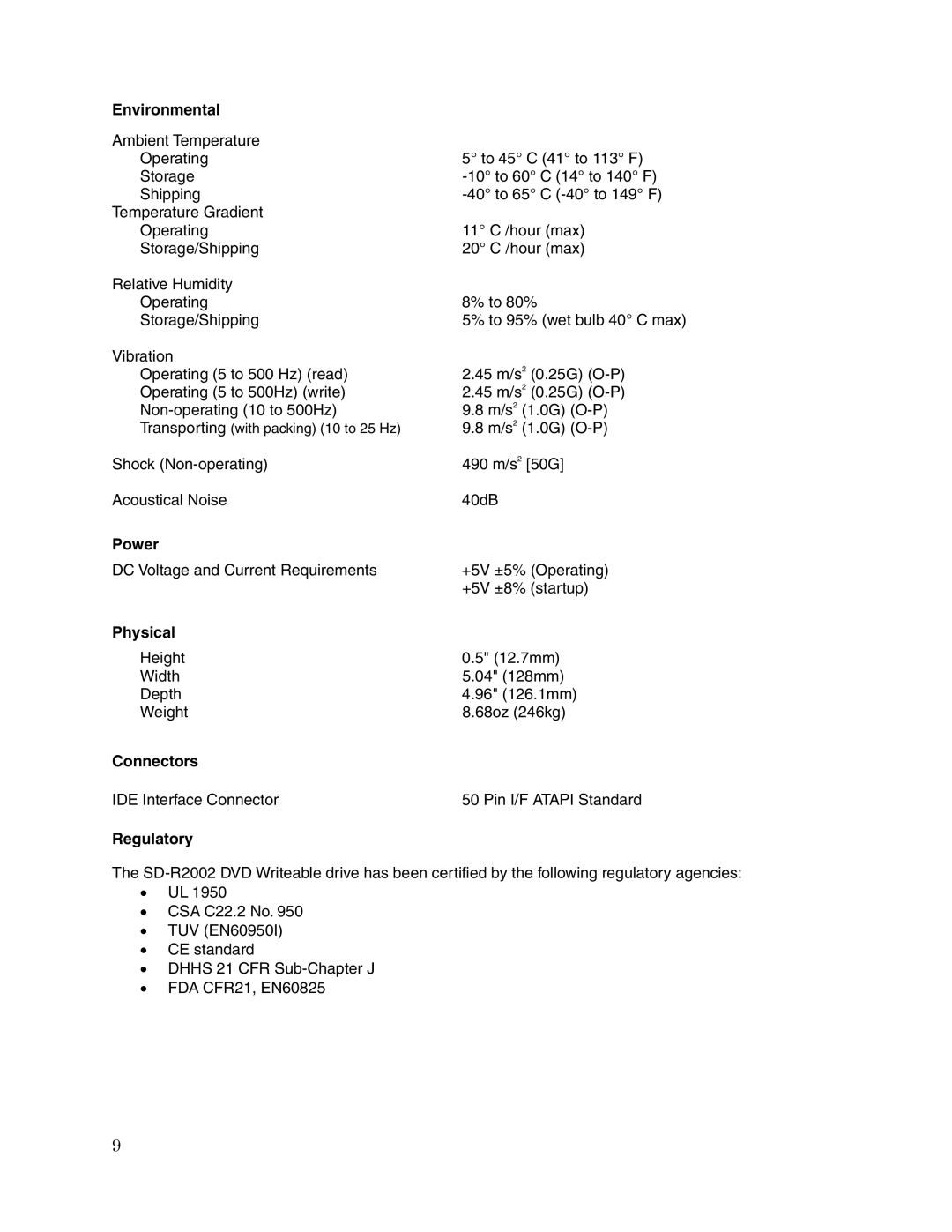 Toshiba SD-R2002 user manual Environmental, Power, Physical, Connectors, Regulatory 