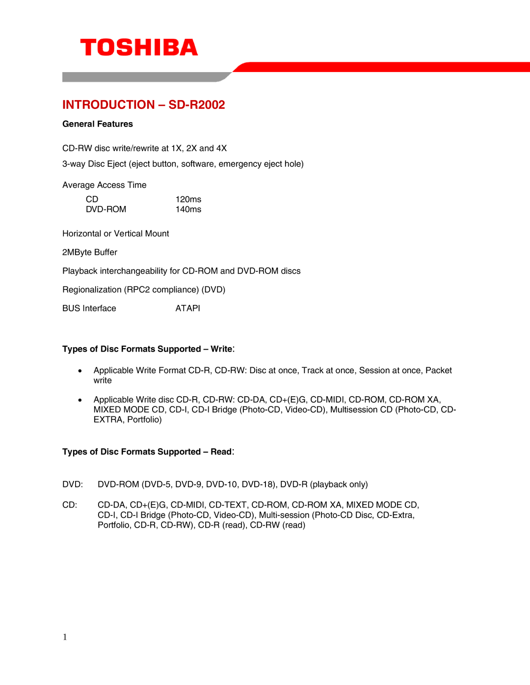 Toshiba user manual Introduction SD-R2002, General Features, Types of Disc Formats Supported Write 