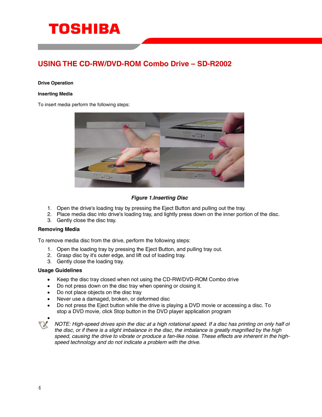 Toshiba user manual Using the CD-RW/DVD-ROM Combo Drive SD-R2002, Removing Media, Usage Guidelines 