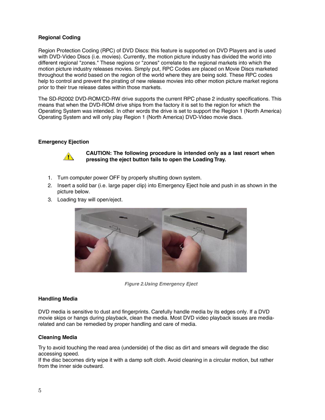 Toshiba SD-R2002 user manual Regional Coding, Emergency Ejection, Handling Media, Cleaning Media 