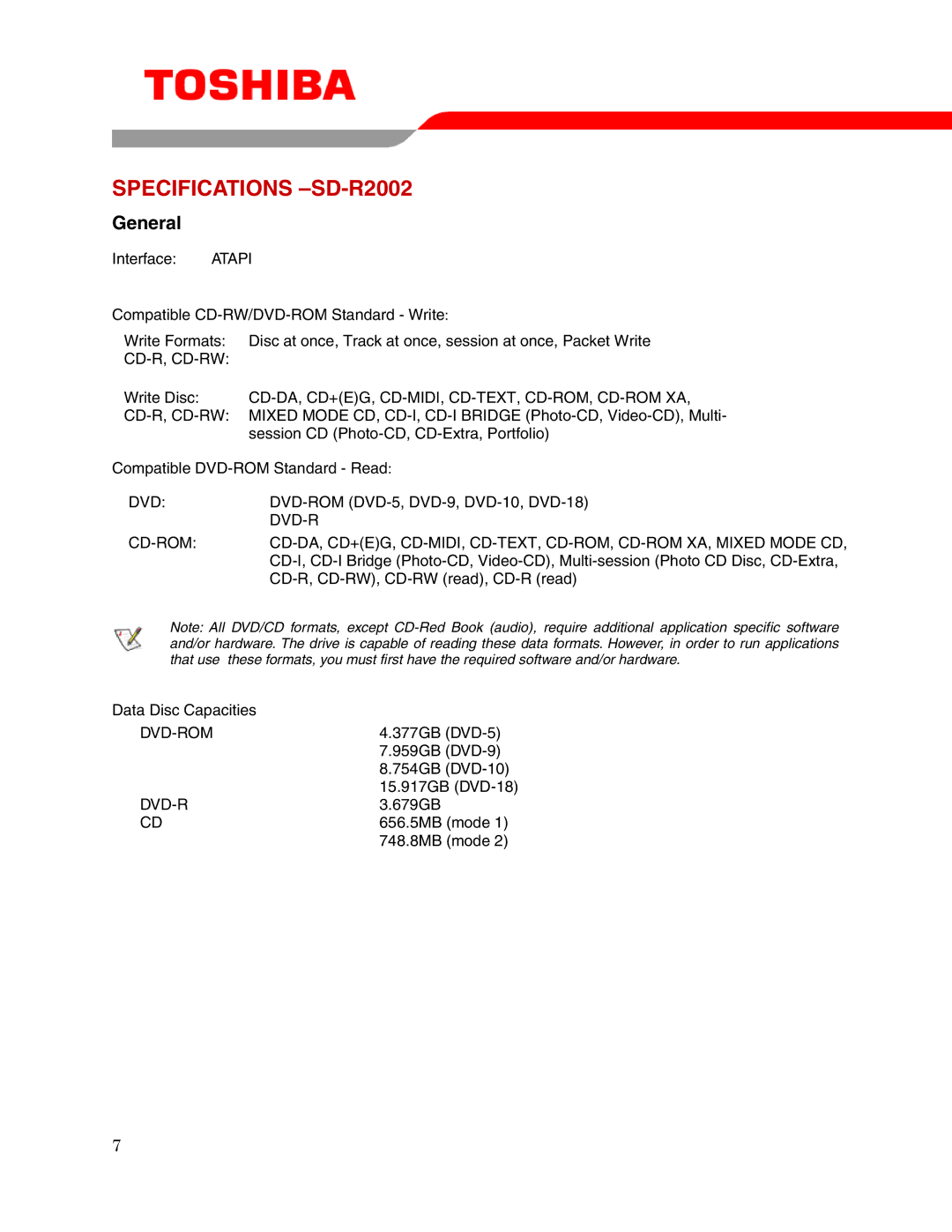 Toshiba user manual Specifications -SD-R2002, General 