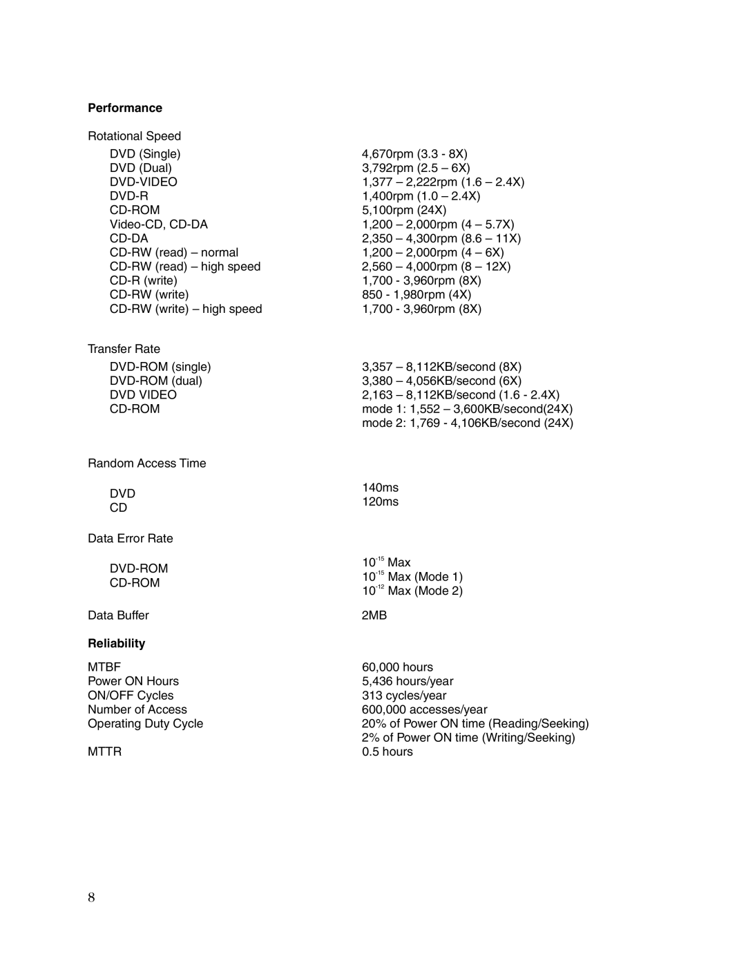 Toshiba SD-R2102 user manual Performance, Reliability 