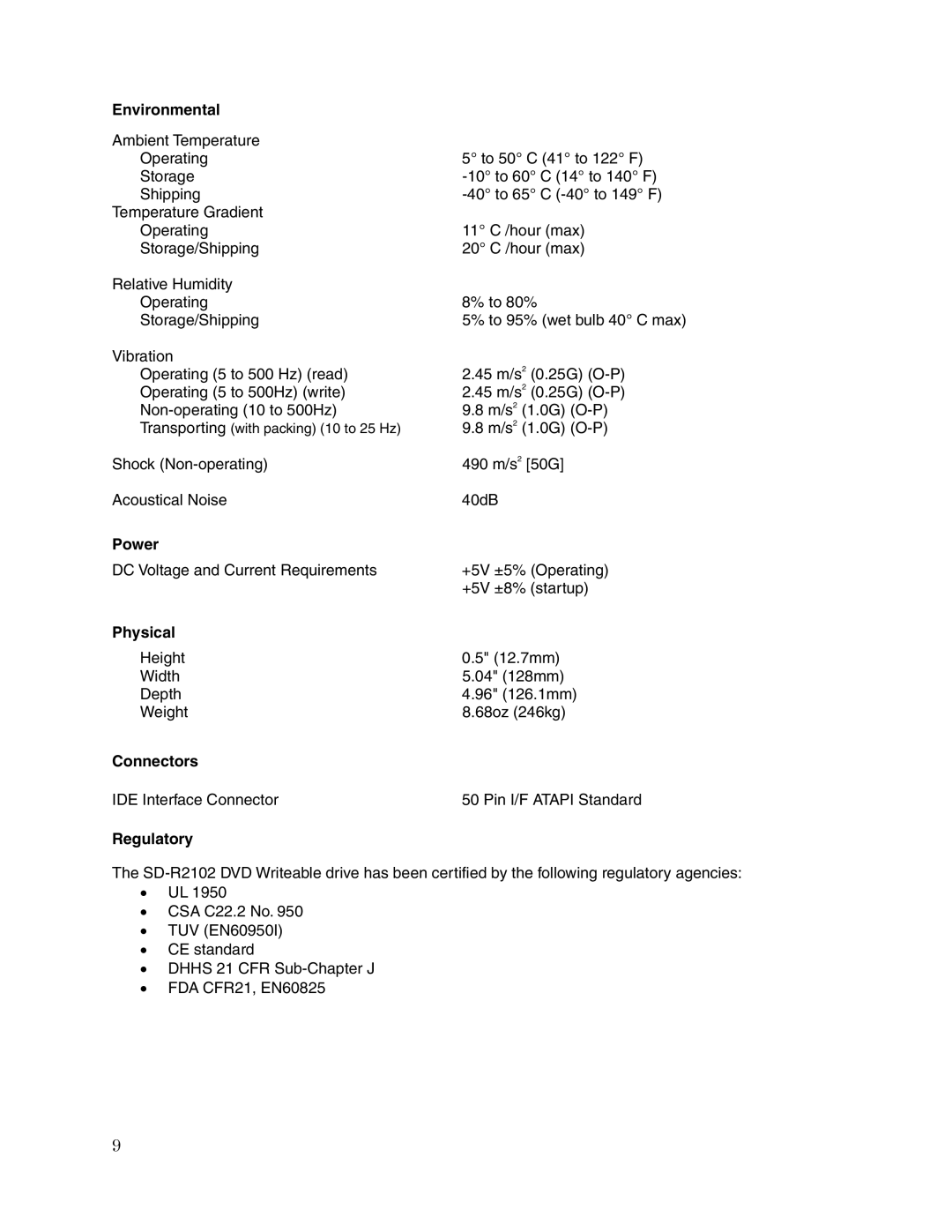 Toshiba SD-R2102 user manual Environmental, Power, Physical, Connectors, Regulatory 