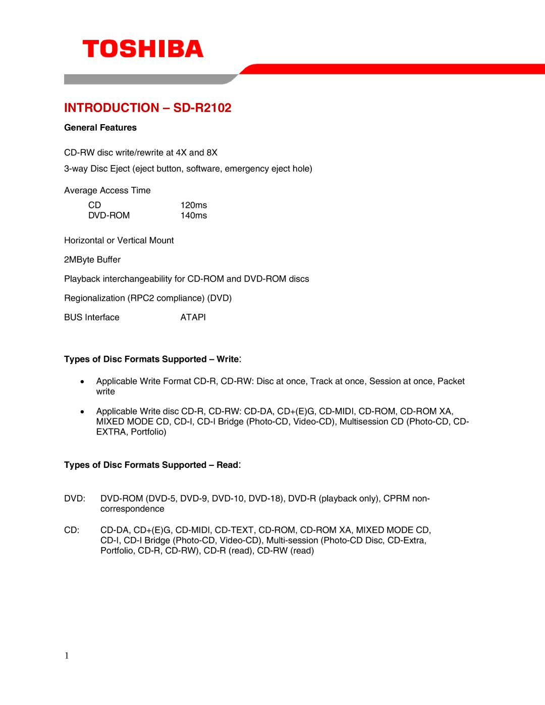 Toshiba user manual Introduction SD-R2102, General Features, Types of Disc Formats Supported Write 