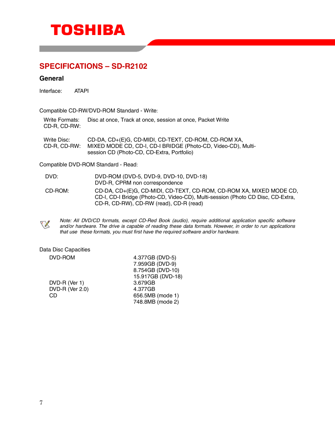 Toshiba user manual Specifications SD-R2102, General 