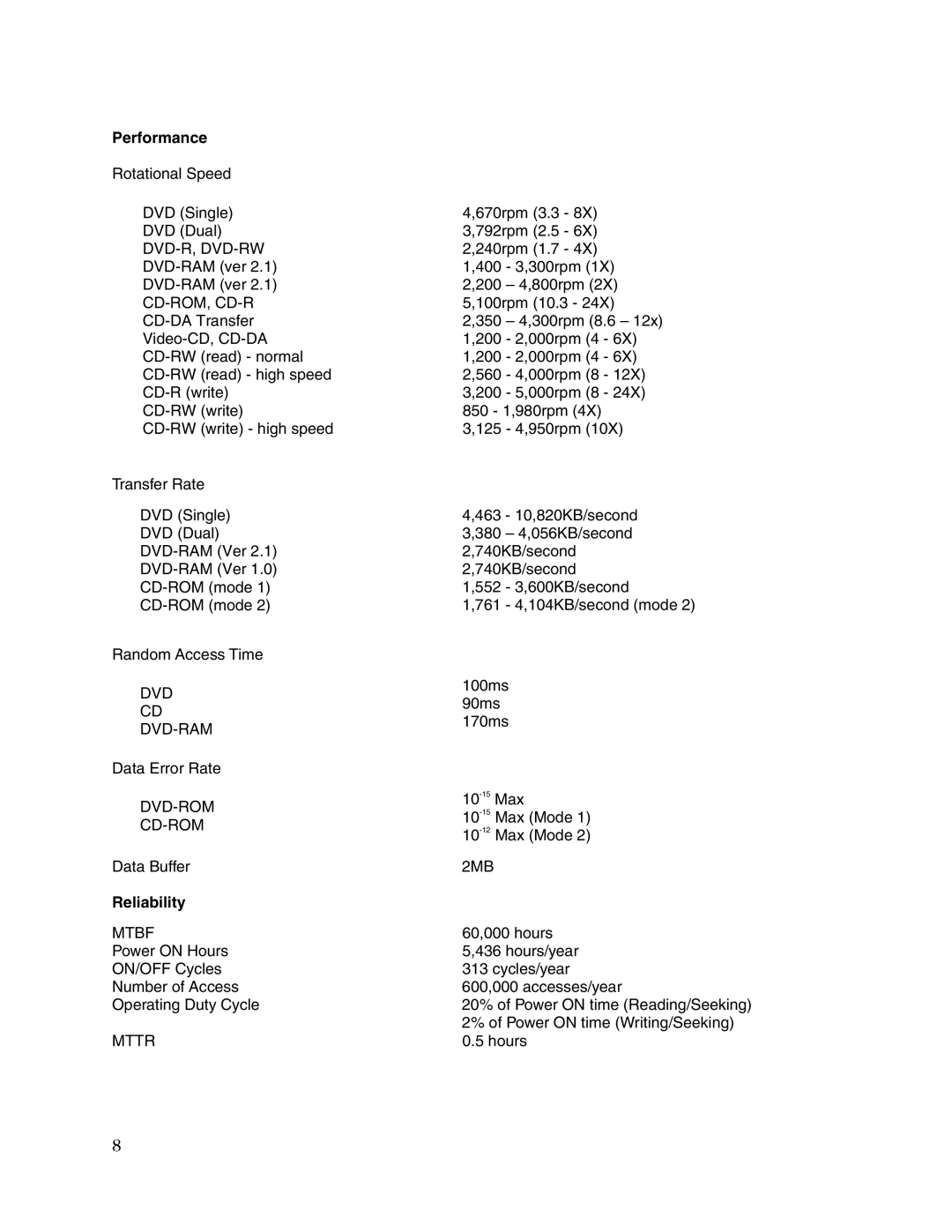 Toshiba SD-R2212 user manual Performance, Reliability 