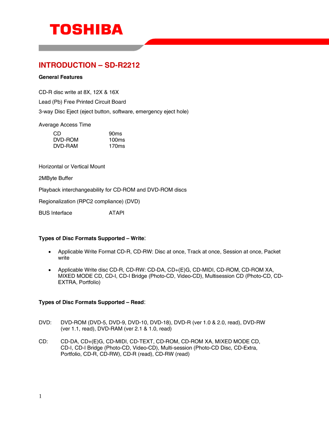 Toshiba user manual Introduction SD-R2212, General Features, Types of Disc Formats Supported Write 