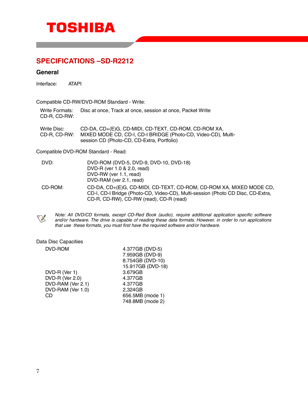 Toshiba user manual Specifications -SD-R2212, Cd-R, Cd-Rw, Cd-Da, Cd+Eg, Cd-Midi, Cd-Text, Cd-Rom, Cd-Rom Xa, Dvd-Rom 