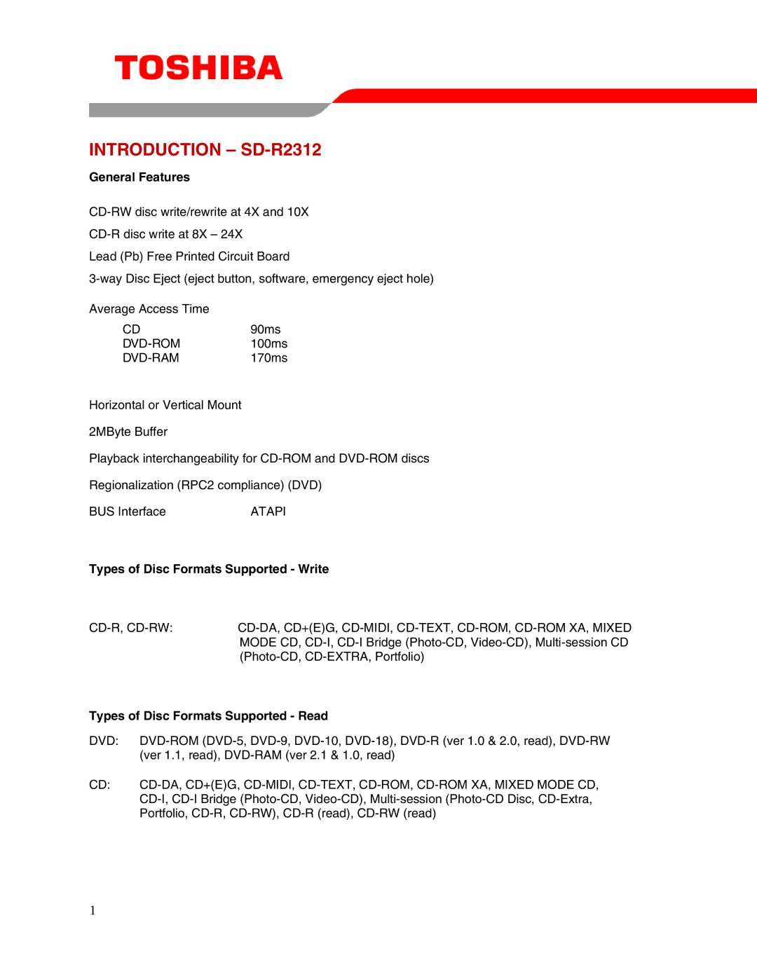 Toshiba user manual Introduction SD-R2312, General Features, Types of Disc Formats Supported Write 