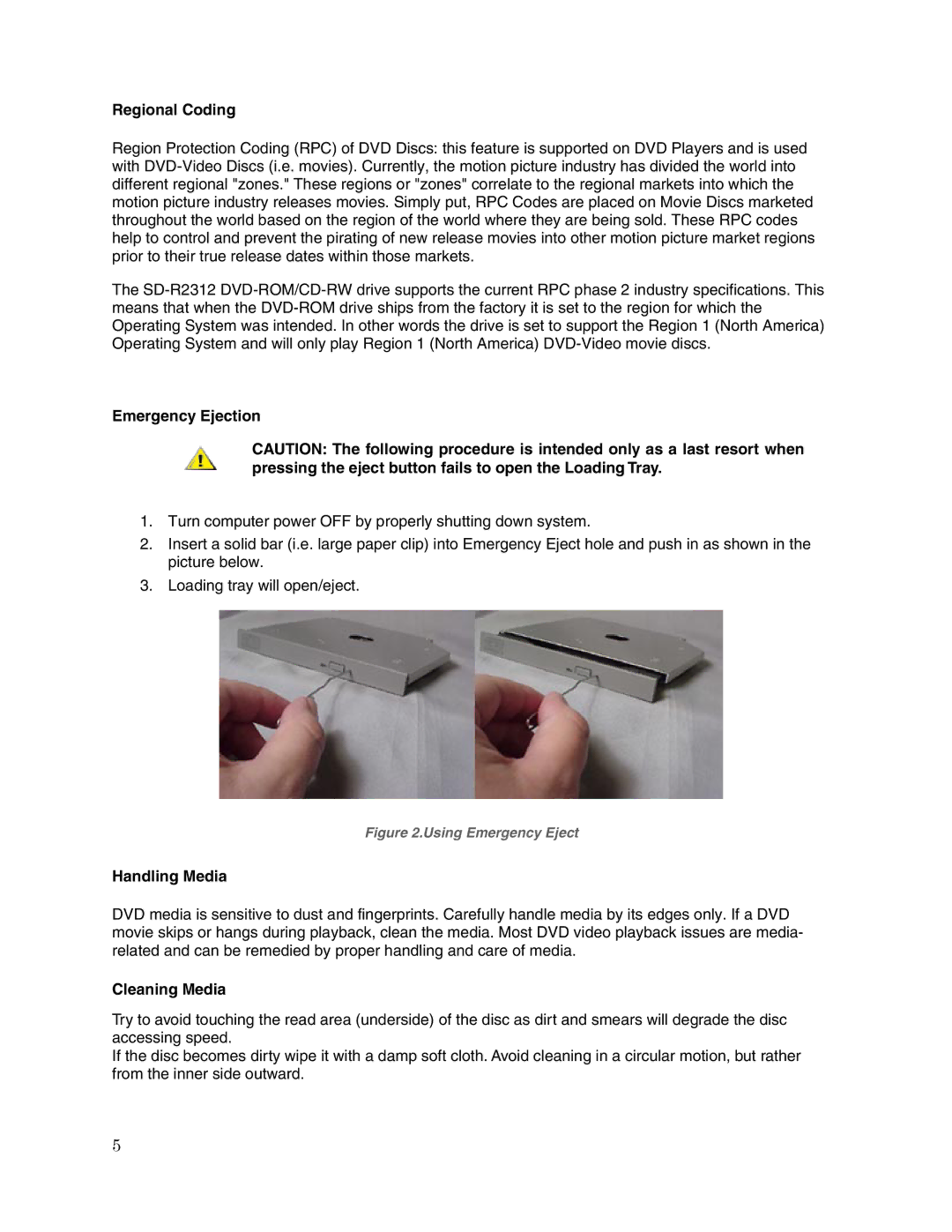 Toshiba SD-R2312 user manual Regional Coding, Emergency Ejection, Handling Media, Cleaning Media 