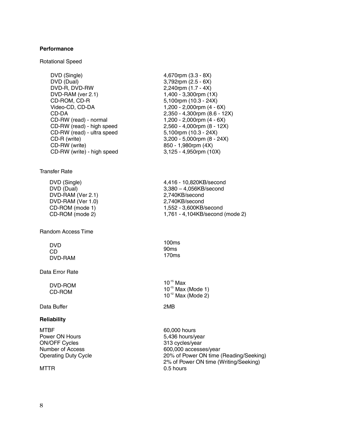 Toshiba SD-R2412 user manual Performance, Reliability 