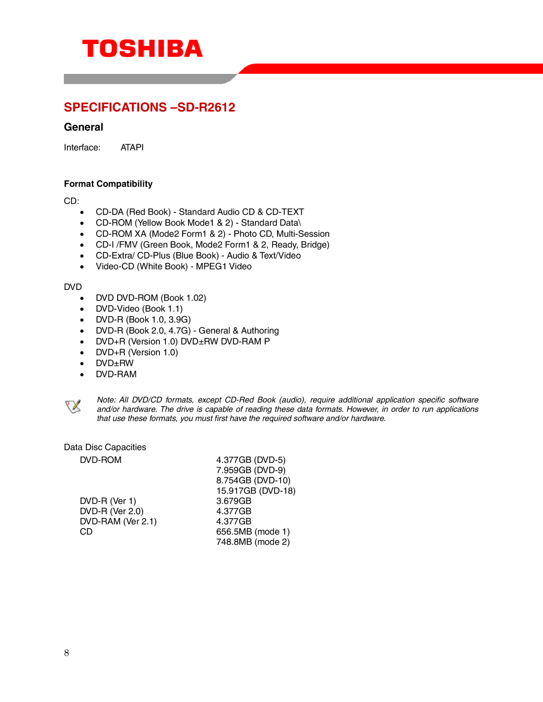 Toshiba user manual Specifications -SD-R2612, Dvd-Rom 