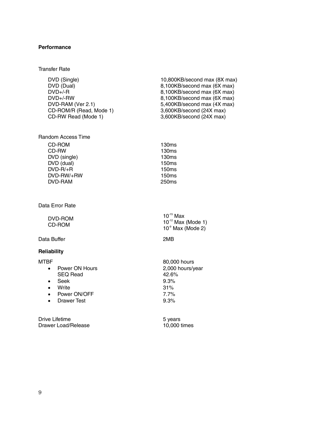 Toshiba SD-R2612 user manual Performance, Reliability 