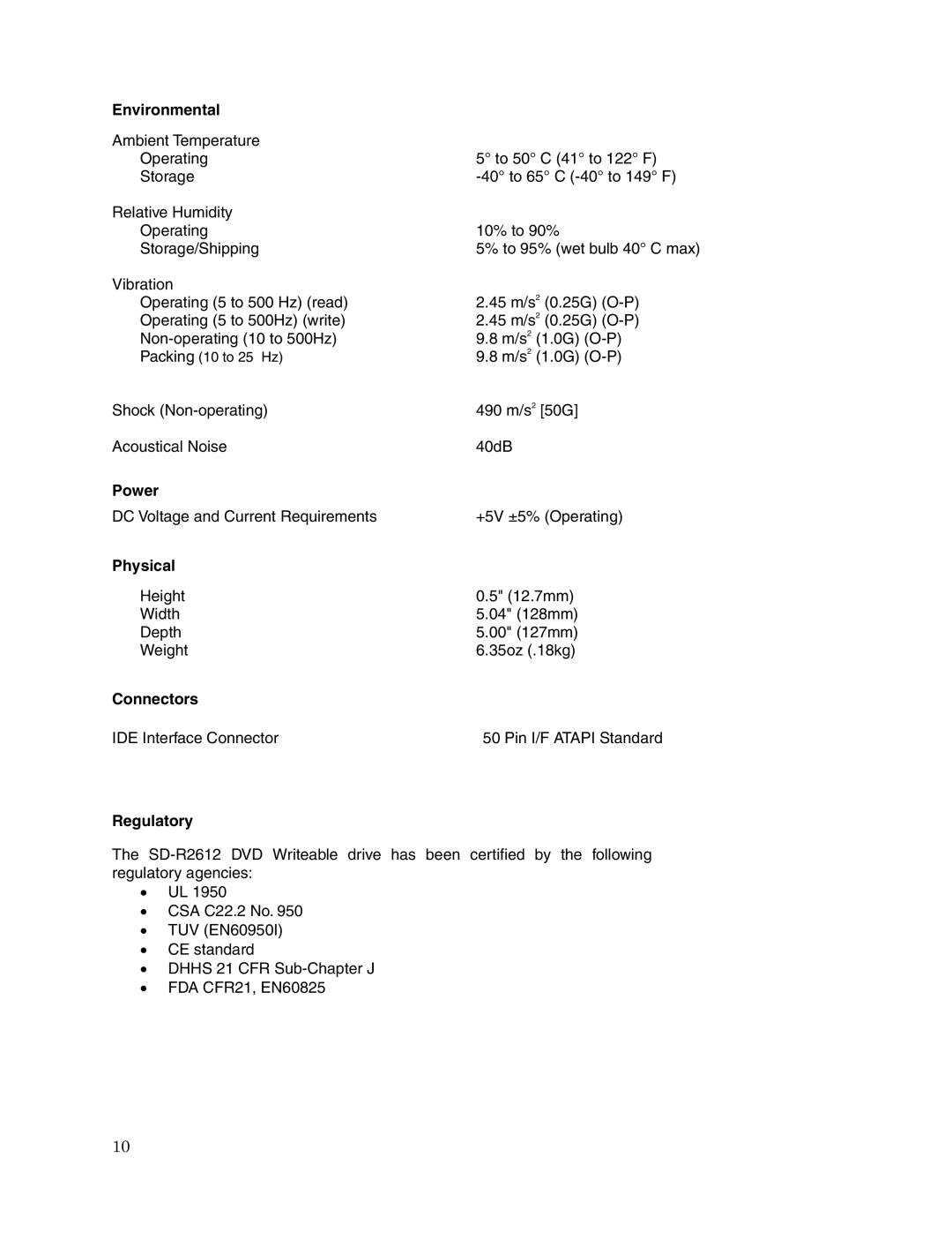 Toshiba SD-R2612 user manual Environmental, Power, Physical, Connectors, Regulatory 