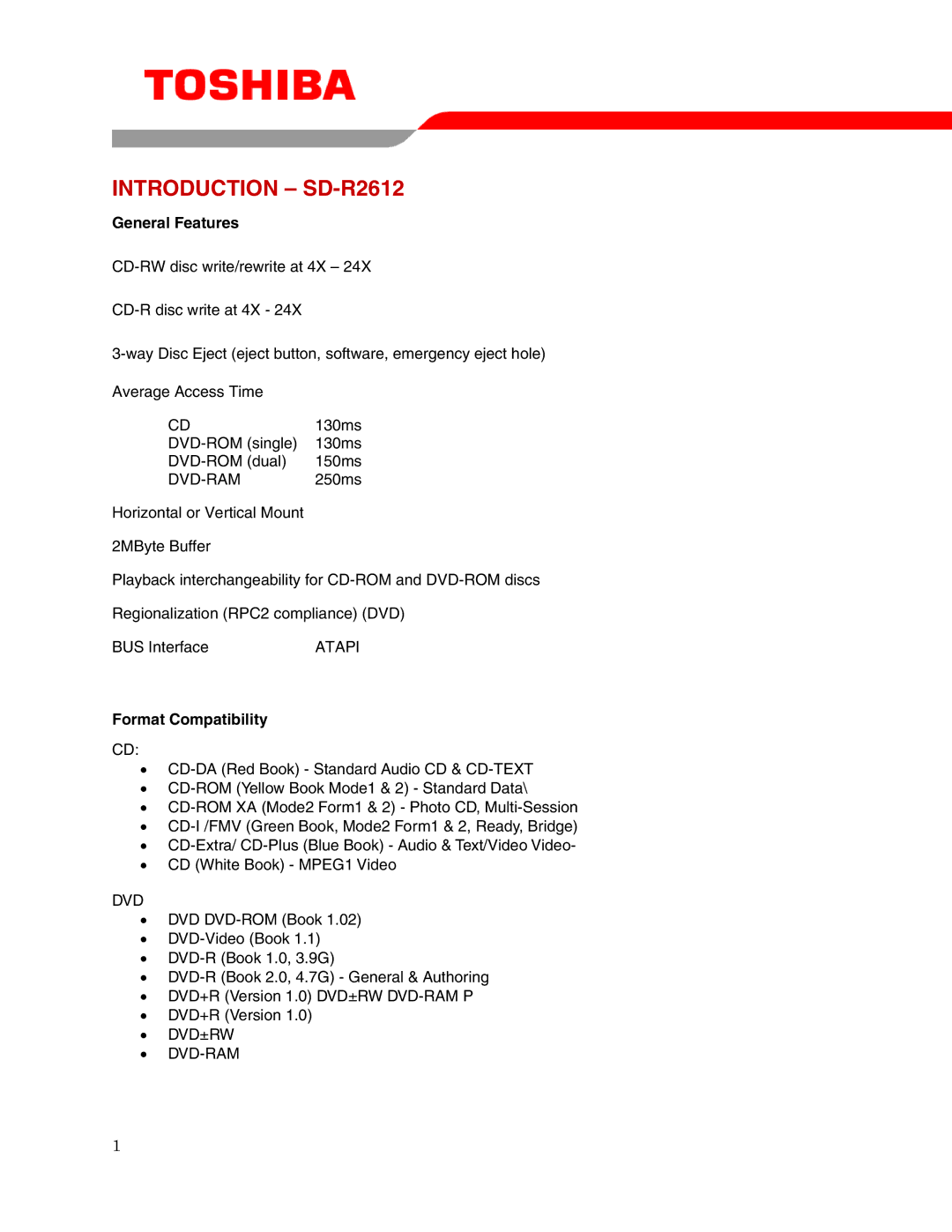 Toshiba user manual Introduction SD-R2612, General Features, Format Compatibility 