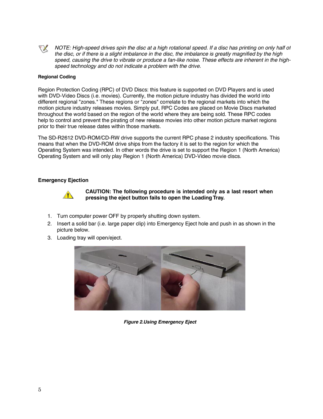 Toshiba SD-R2612 user manual Emergency Ejection, Using Emergency Eject 