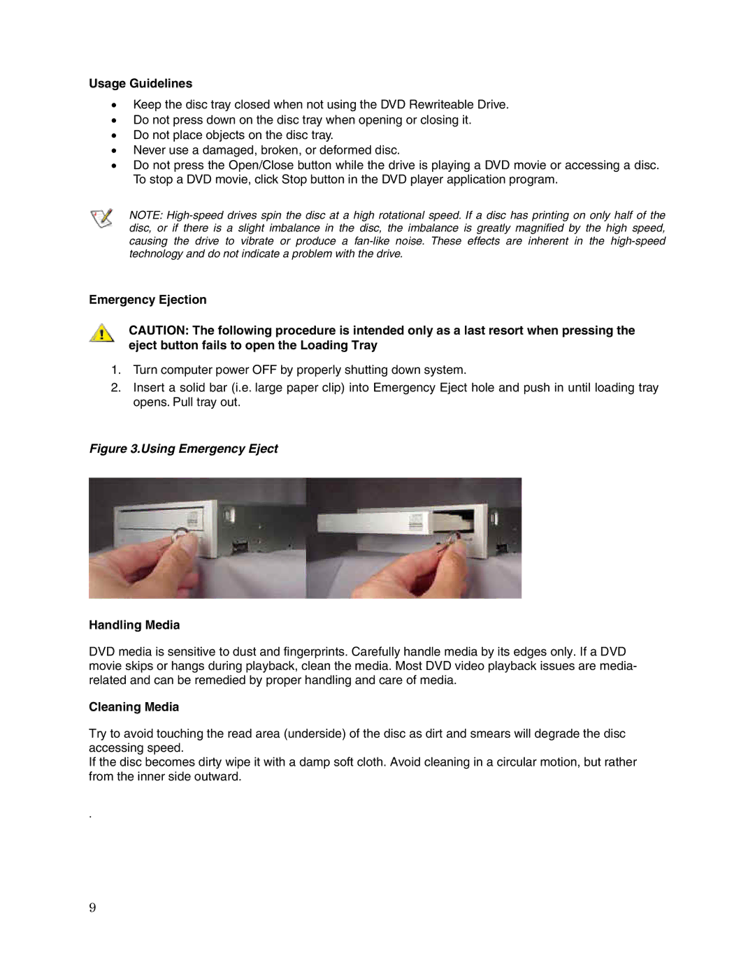 Toshiba SD-R5002 user manual Usage Guidelines, Emergency Ejection, Handling Media, Cleaning Media 