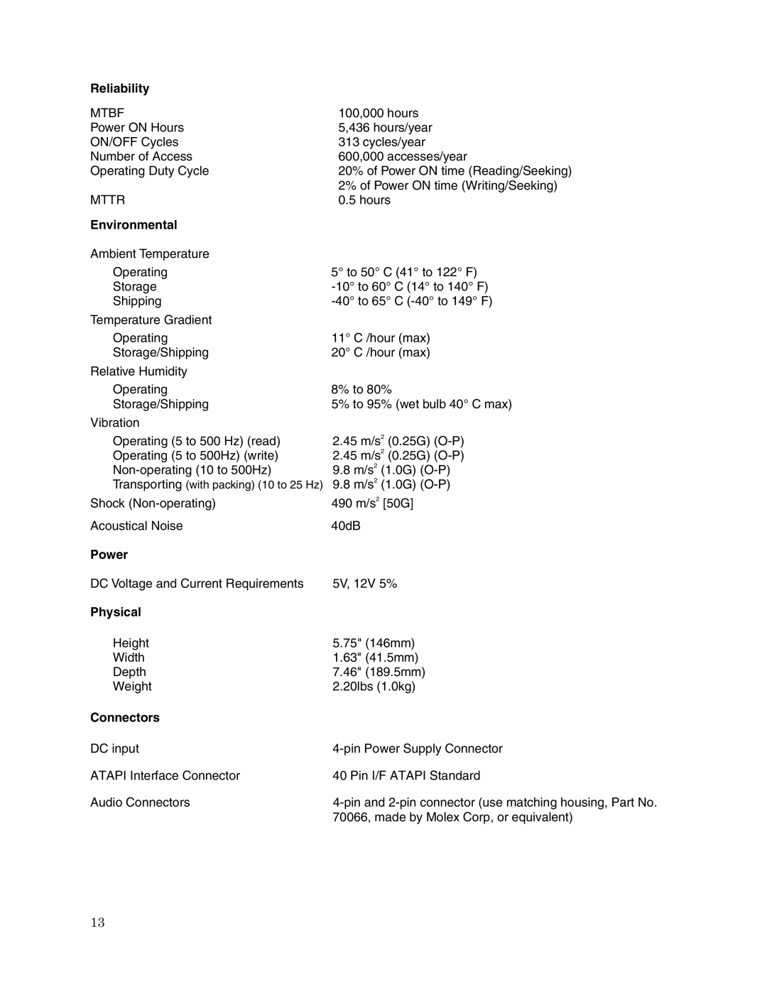 Toshiba SD-R5002 user manual Reliability, Environmental, Power, Physical, Connectors 