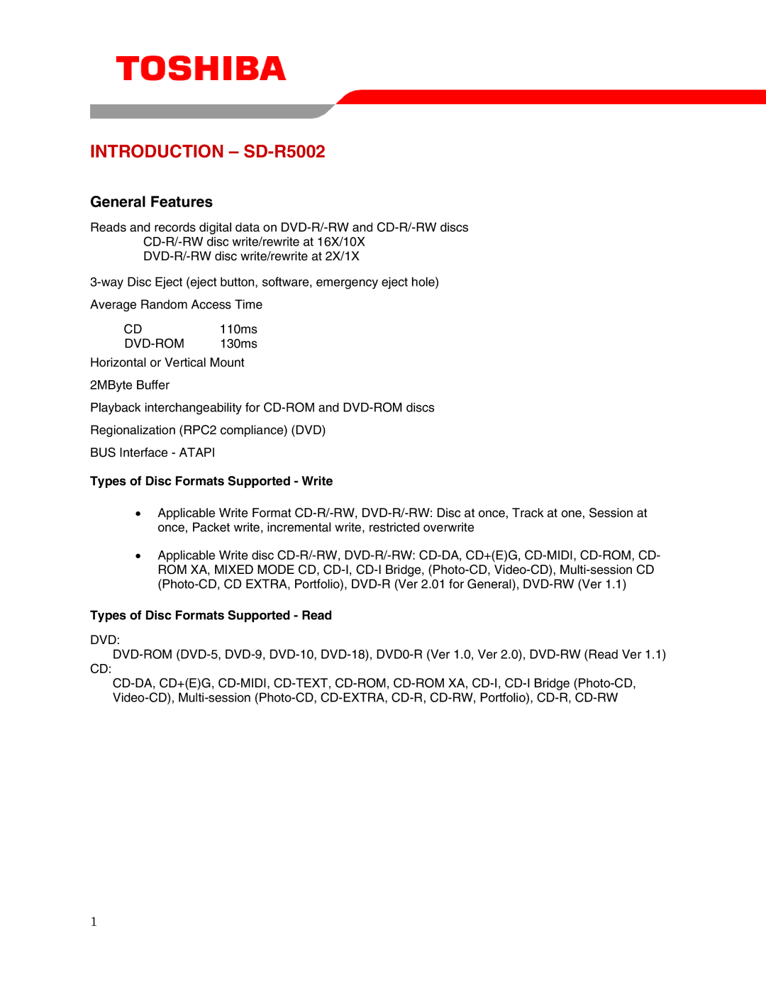 Toshiba user manual Introduction SD-R5002, Types of Disc Formats Supported Write, Types of Disc Formats Supported Read 