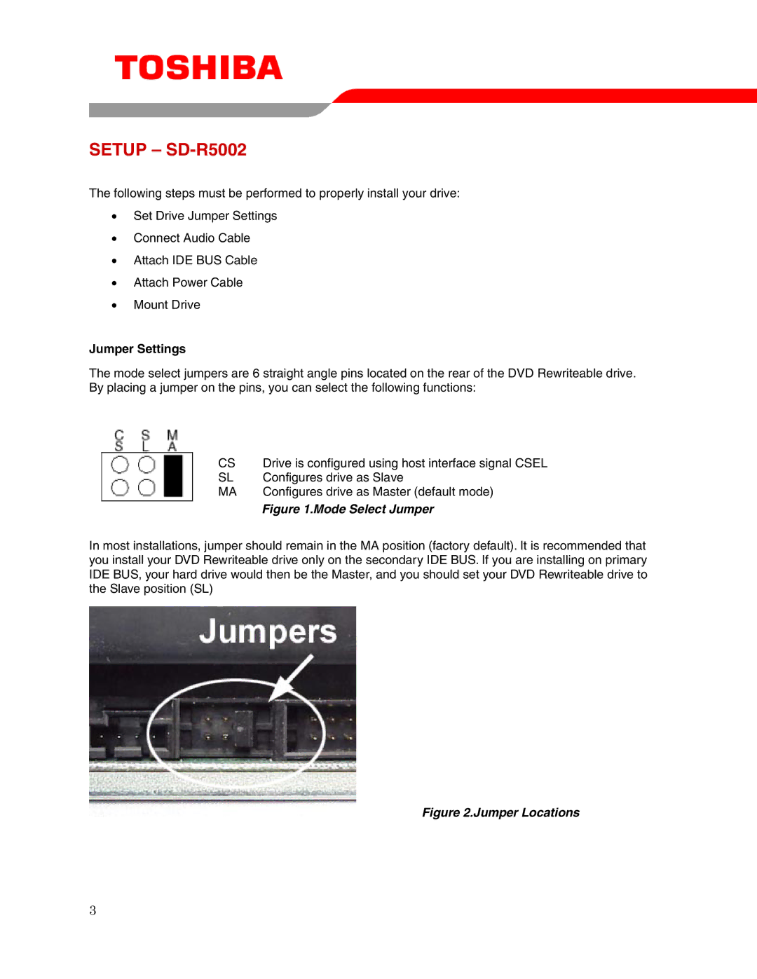 Toshiba user manual Setup SD-R5002, Jumper Settings 