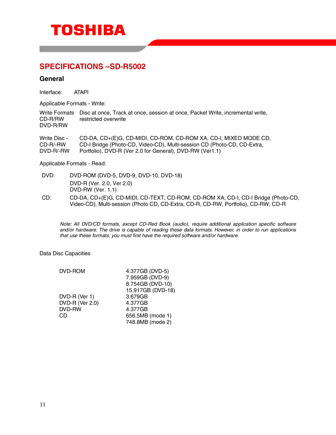 Toshiba user manual Specifications -SD-R5002, General 