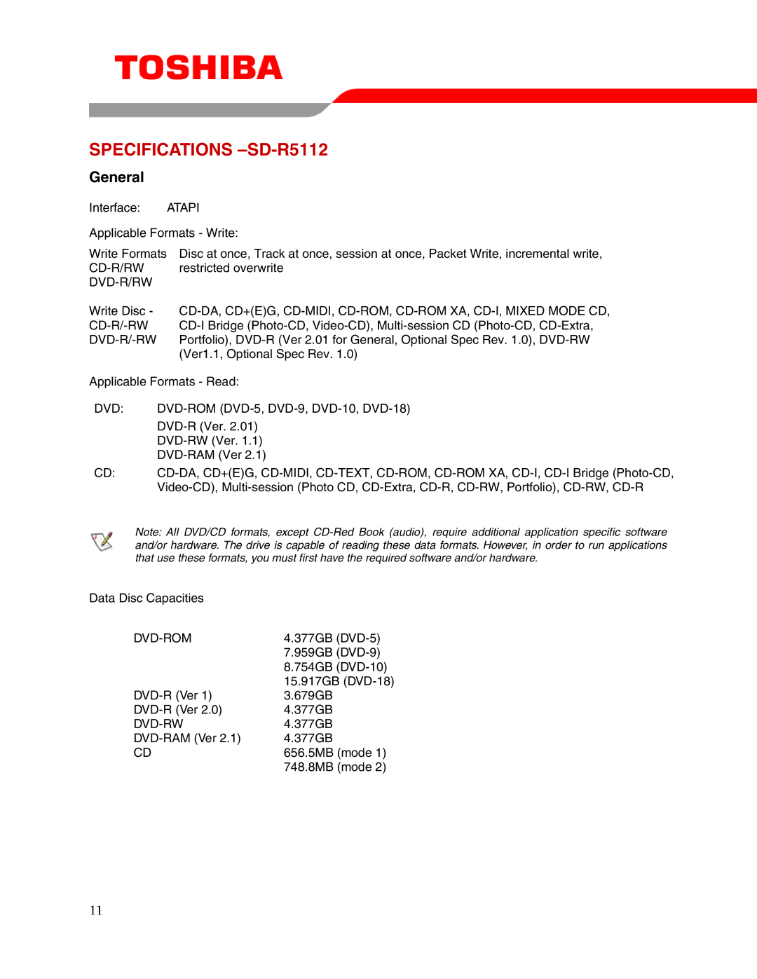 Toshiba user manual Specifications -SD-R5112, General 