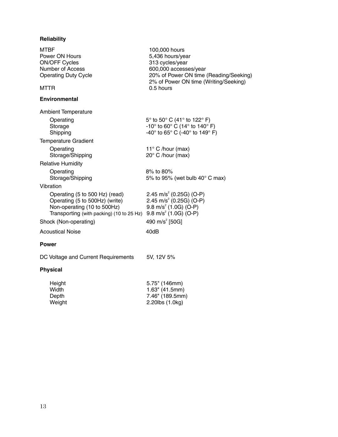 Toshiba SD-R5112 user manual Reliability, Environmental, Power, Physical 