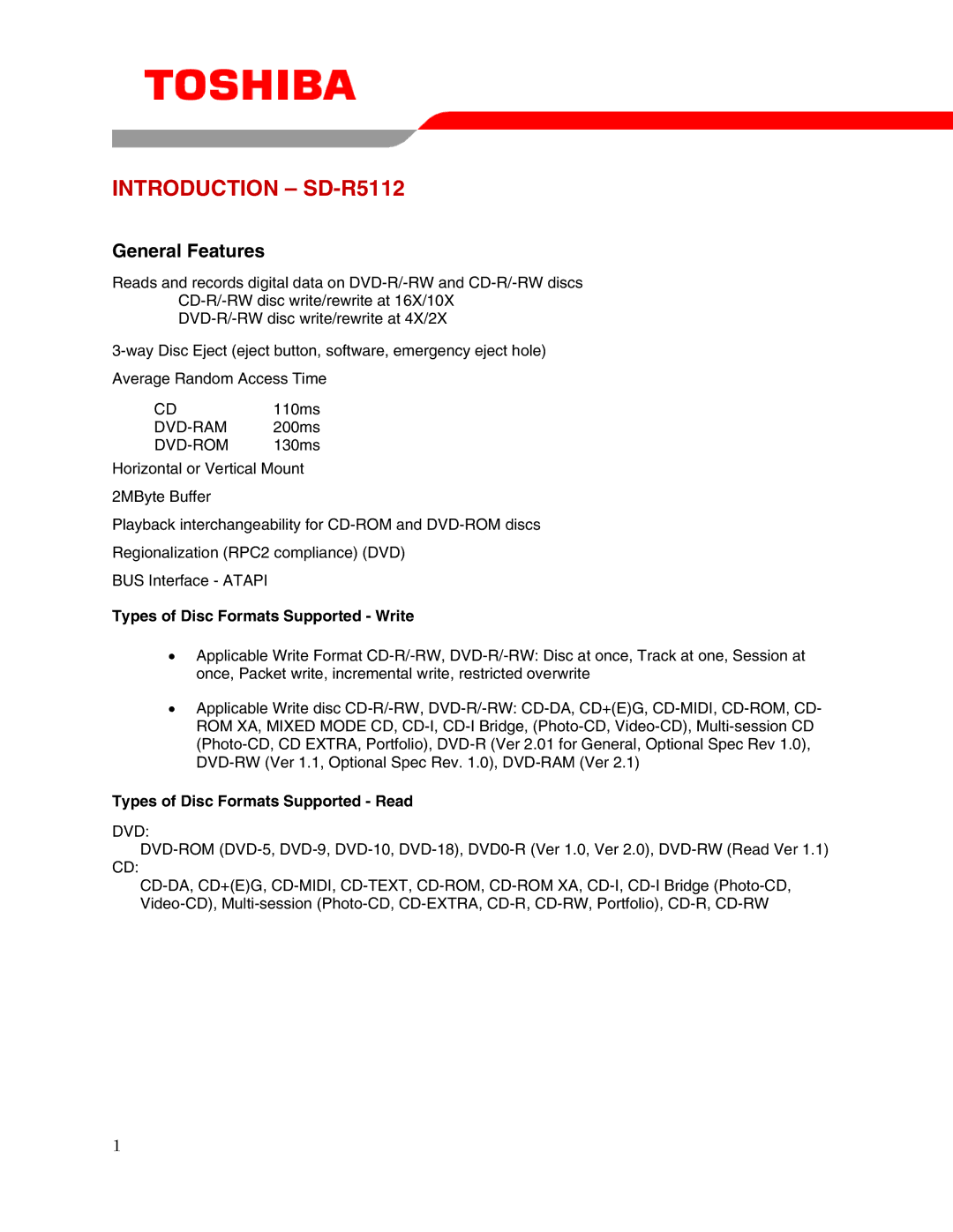 Toshiba user manual Introduction SD-R5112, Types of Disc Formats Supported Write, Types of Disc Formats Supported Read 