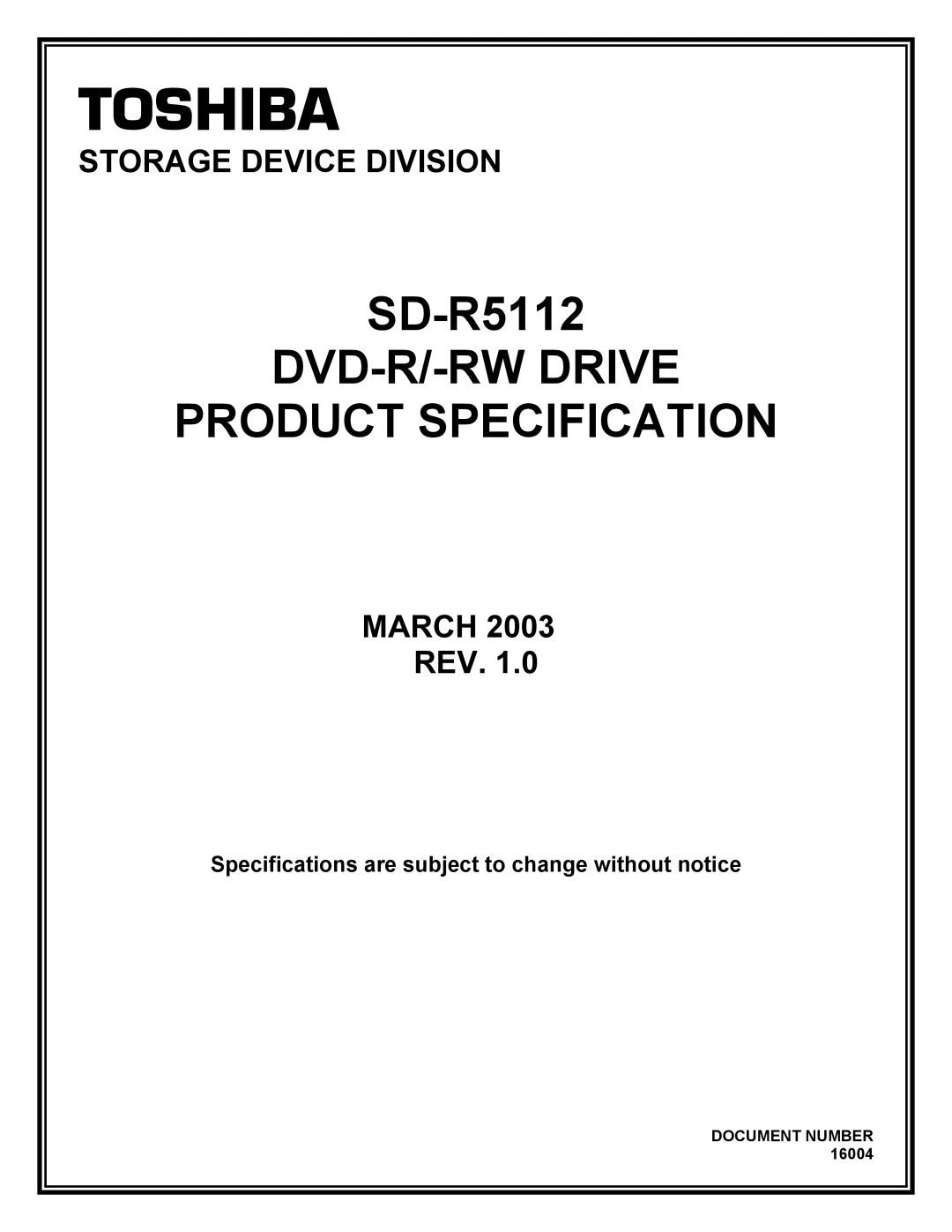 Toshiba SD-R5112 specifications Toshiba 