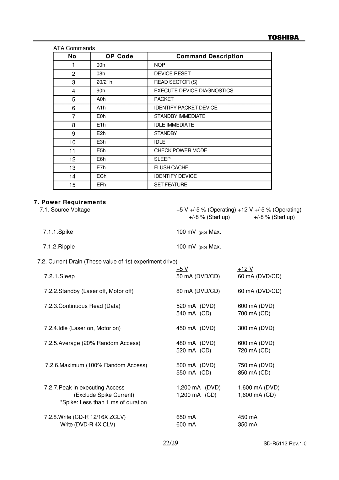 Toshiba SD-R5112 specifications 22/29, OP Code Command Description, Power Requirements 