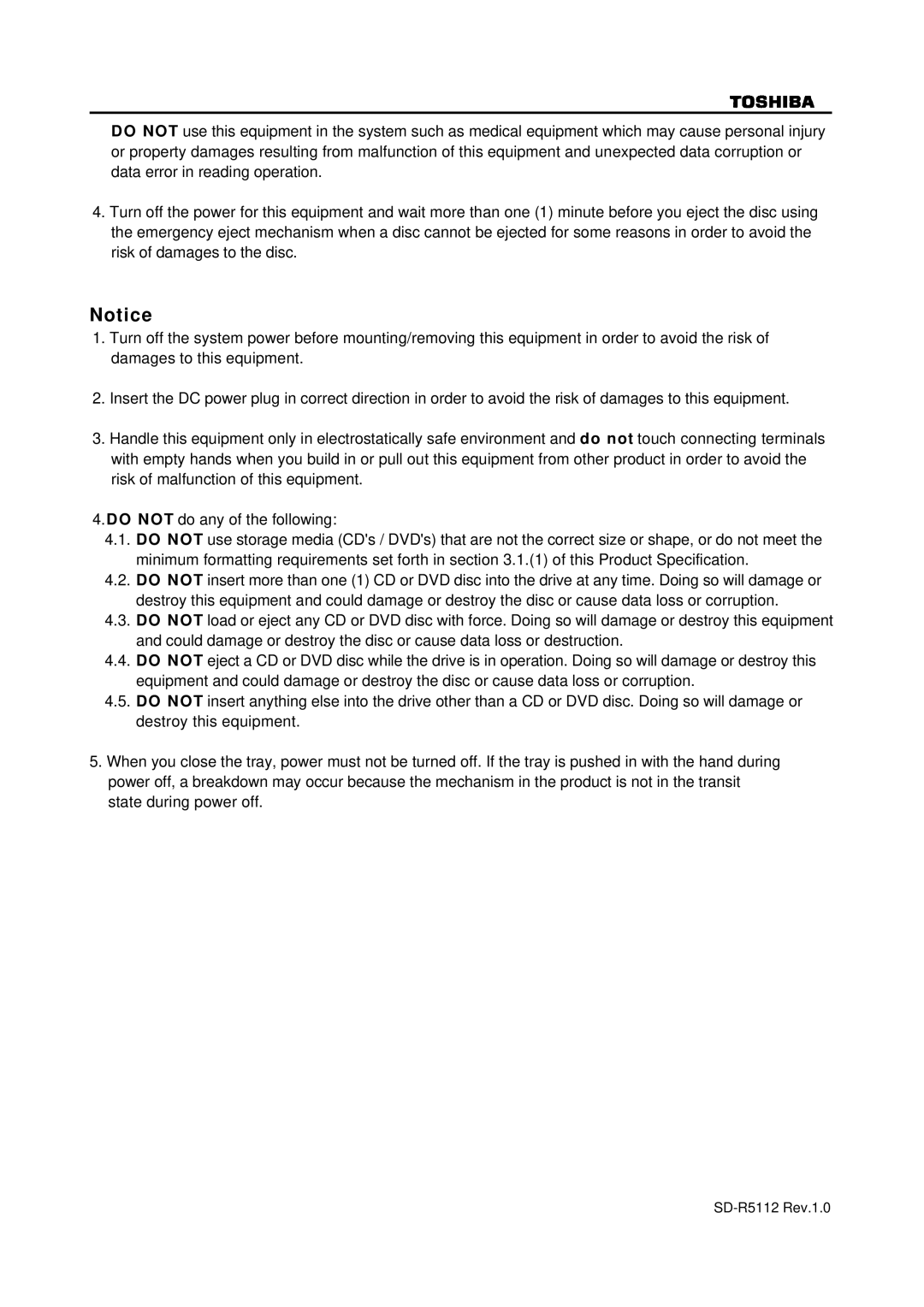 Toshiba specifications SD-R5112 Rev.1.0 