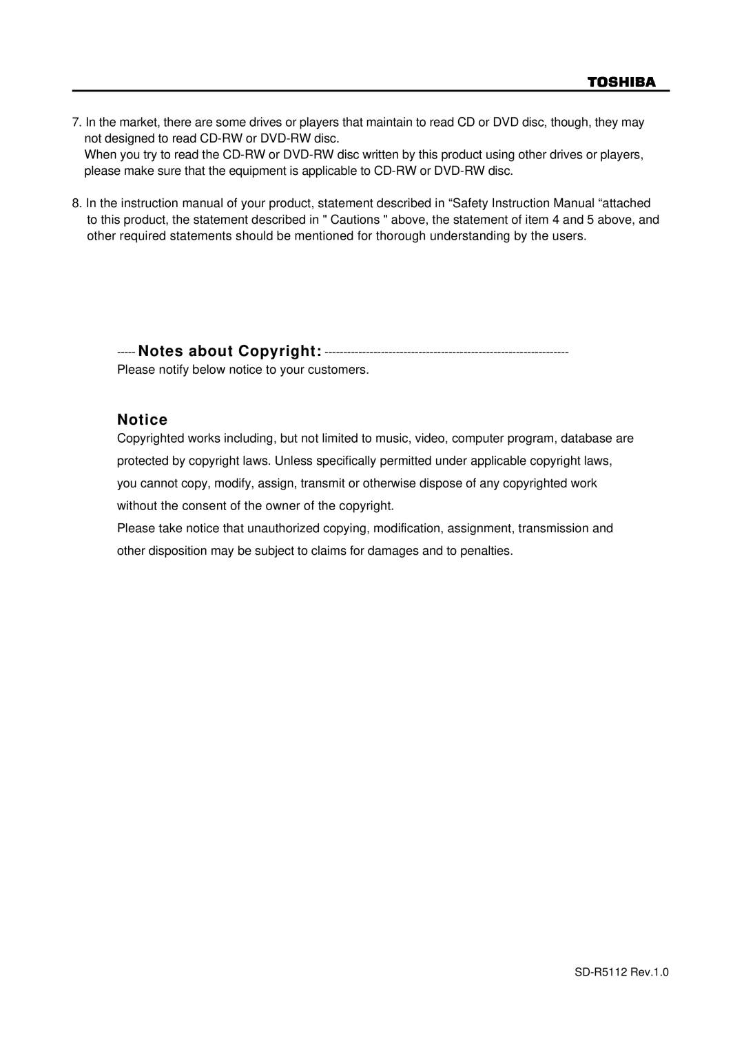 Toshiba specifications SD-R5112 Rev.1.0 