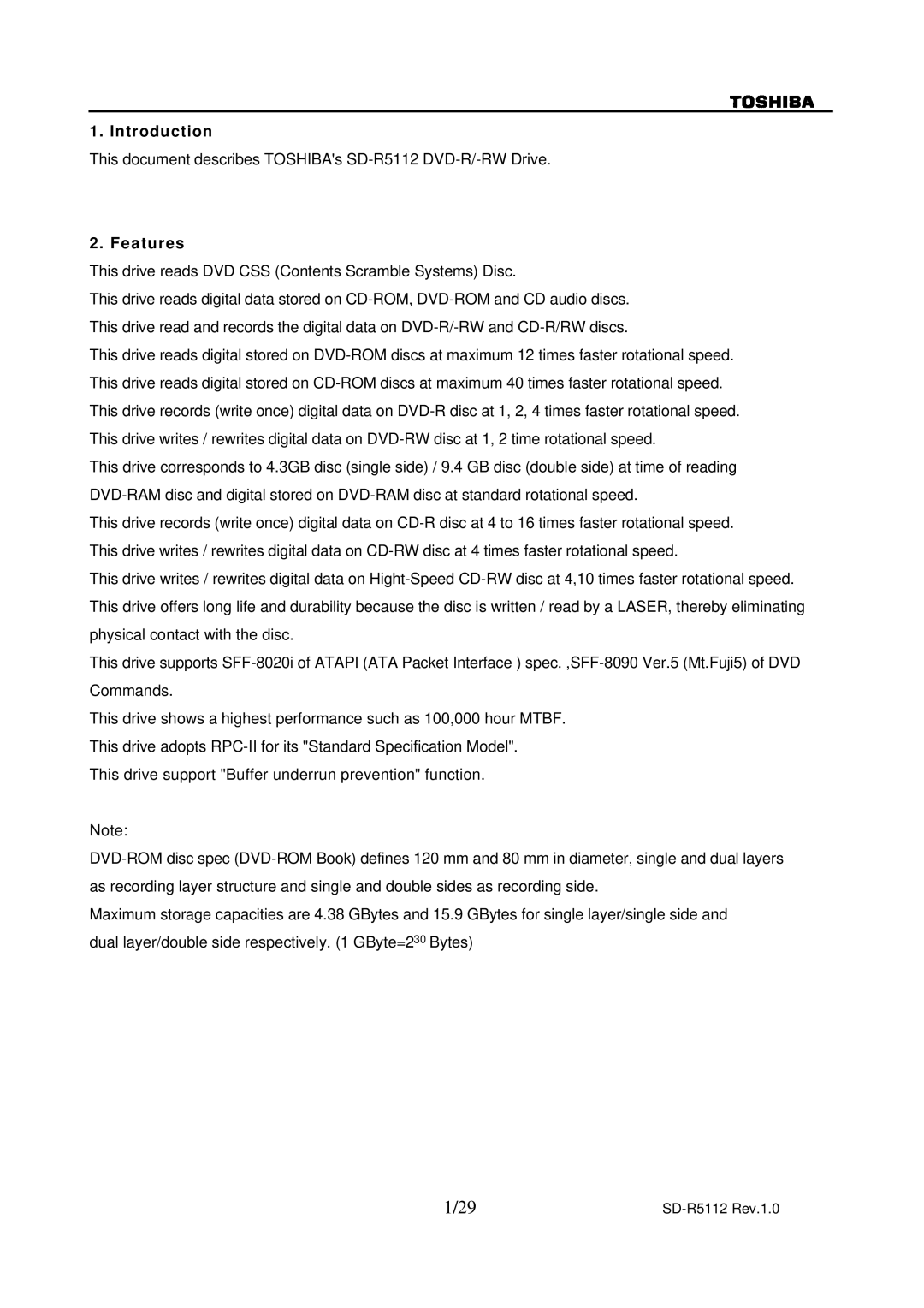 Toshiba specifications Introduction, This document describes TOSHIBAs SD-R5112 DVD-R/-RW Drive, Features 