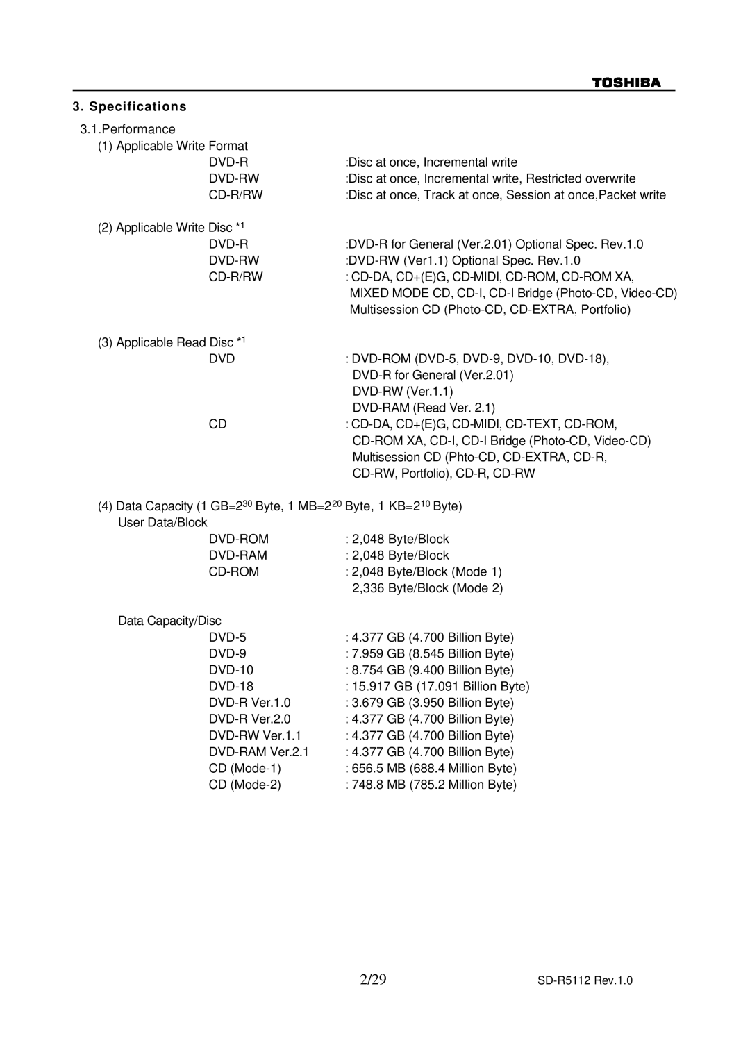 Toshiba SD-R5112 specifications Specifications 