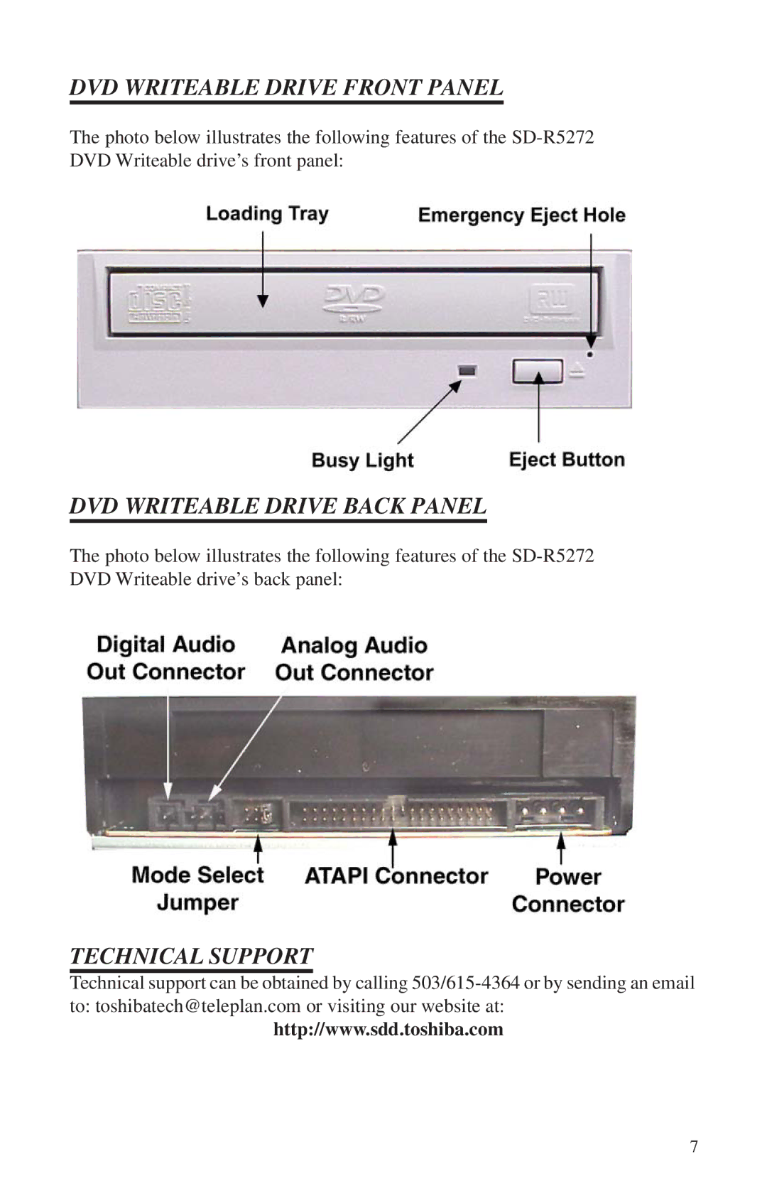 Toshiba SD-R5272 DVD Writeable Drive Front Panel, DVD Writeable Drive Back Panel, Technical Support 