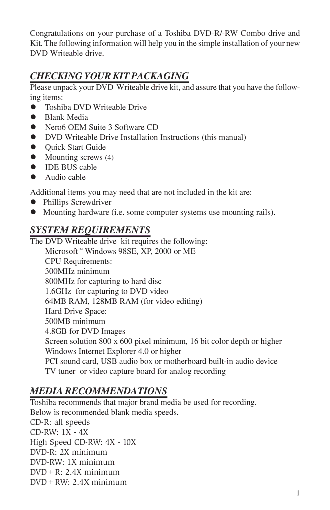 Toshiba SD-R5272 installation instructions Checking Your KIT Packaging, System Requirements, Media Recommendations 