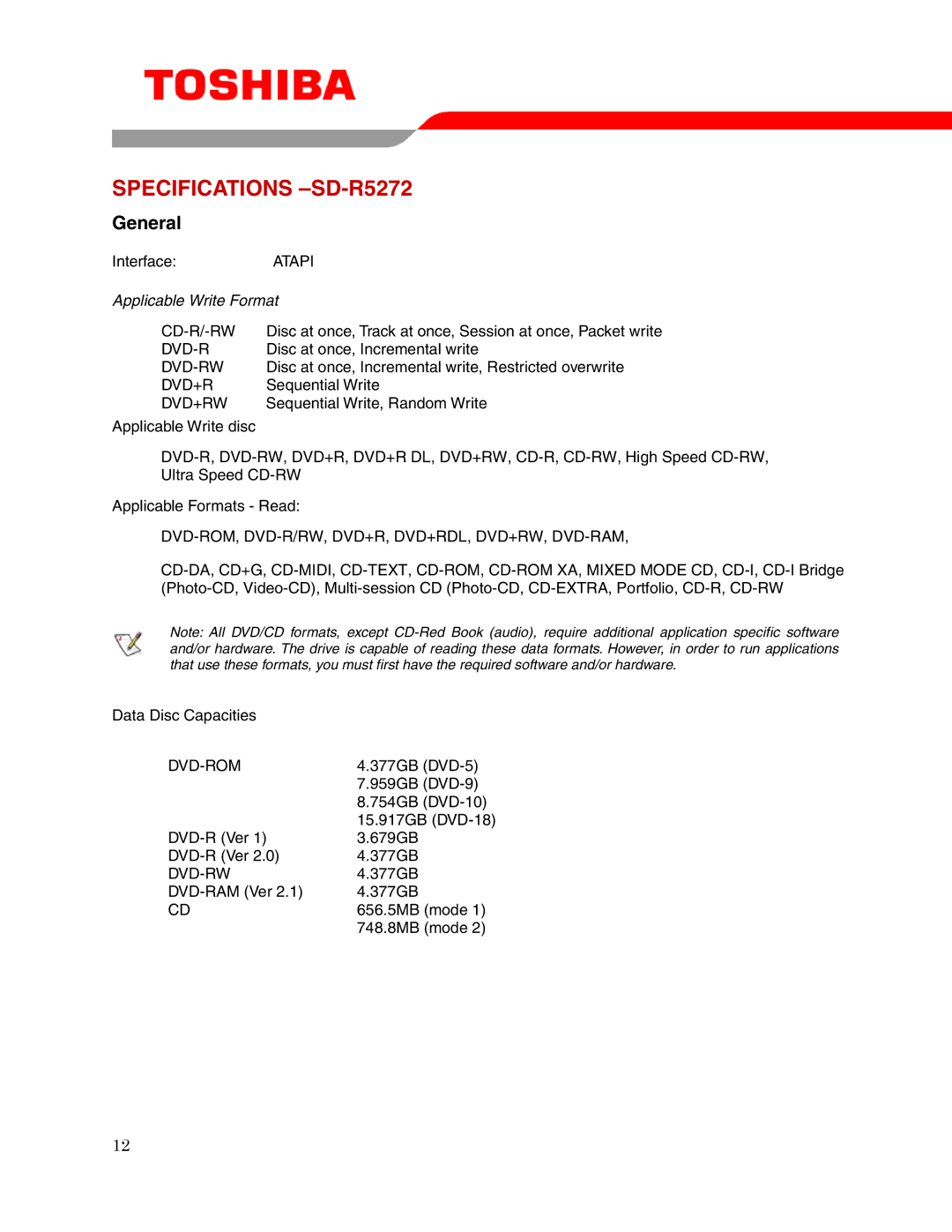 Toshiba user manual Specifications -SD-R5272 