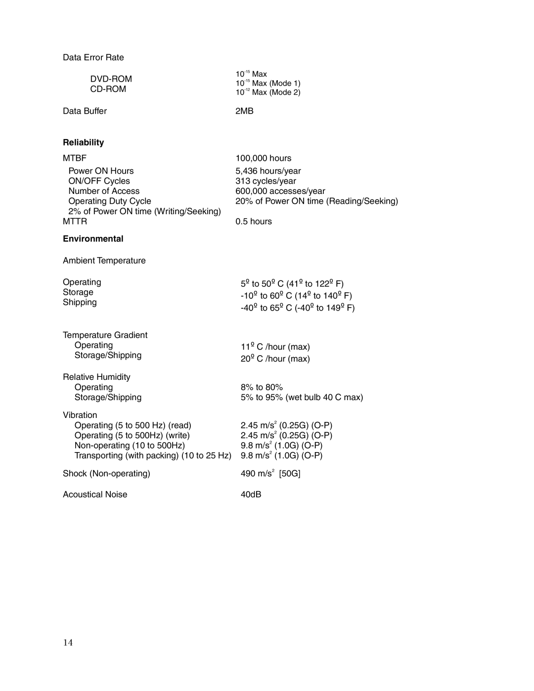 Toshiba SD-R5272 user manual Reliability, Environmental 