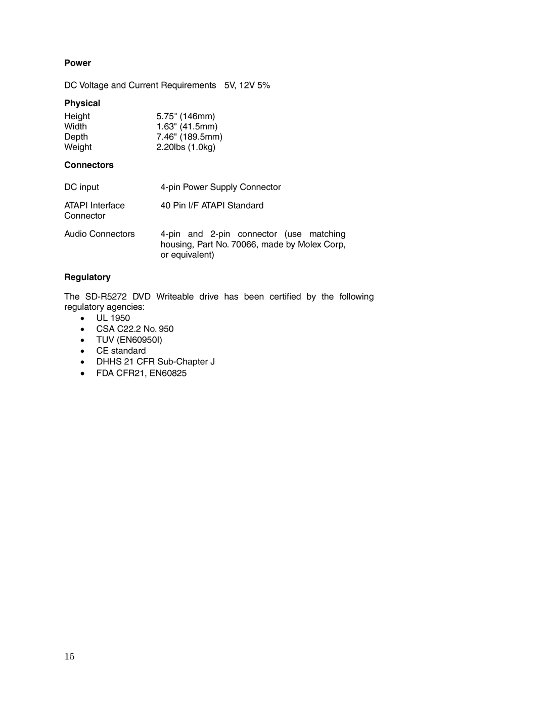 Toshiba SD-R5272 user manual Power, Physical, Connectors, Regulatory 